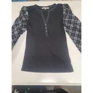 Loft Women's‎ Black Long Sleeve Button Down Plaid Sleeve Top Size S